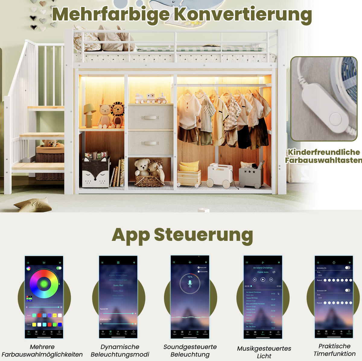 HALBHOHES BETT 90/200 cm Weiß mit 2 Schubladen und LED-Beleuchtung - Weiß, Metall (90/200cm) - MIVRAY