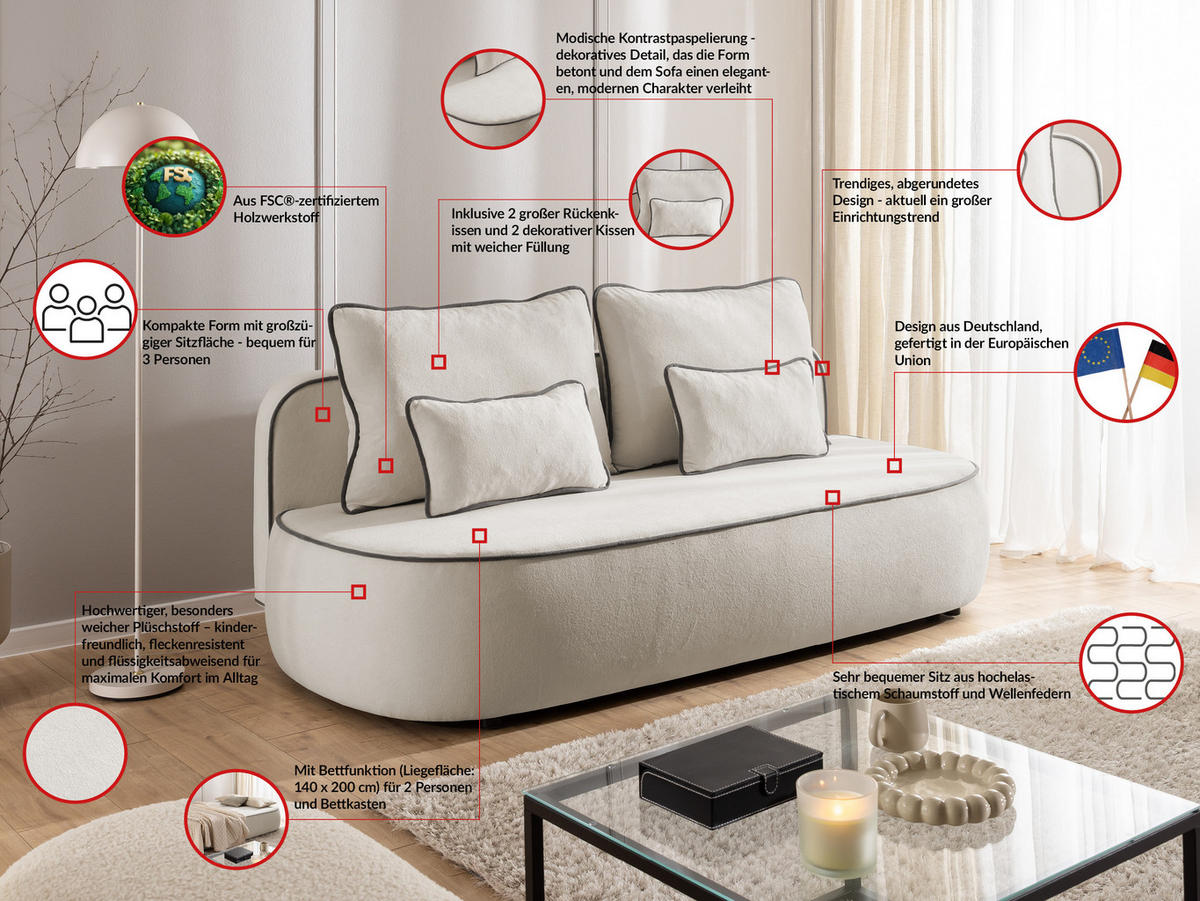 SCHLAFSOFA Vero im modernen und abgerundeten Design mit Bettkasten aus Hellgrau Plüschstoff mit graphiter Paspel - Hellgrau/Schwarz, Holz/Kunststoff (210/90/98cm) - S-Style Möbel