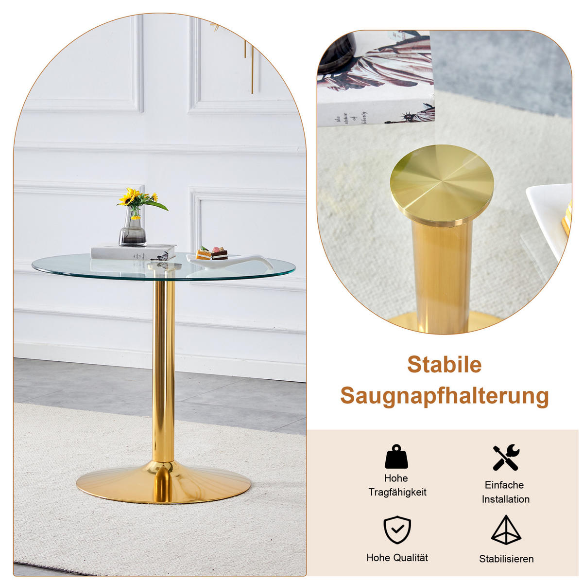 TISCH-UND-STUHL-SET 85 cm Glas Schwarz/Gold - Schwarz, Metall (85/76/85cm) - Meubliv