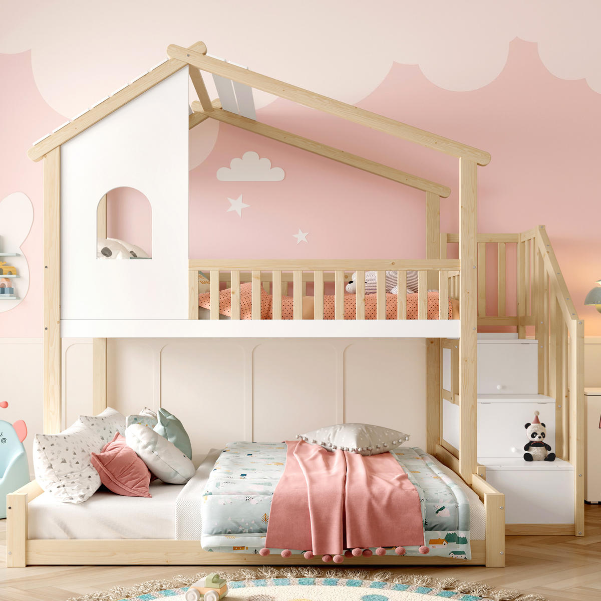 ETAGENBETT 90/200 cm Natur-Weiß aus Kiefer mit Stauraumtreppe Hausoptik - Naturfarben, Holzwerkstoff (90/200cm) - OKWISH