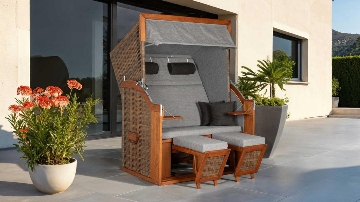 STRANDKORB Tinnum 2 Sitzer Pinie PE griseum - Braun/Grau, Metall (115/38/92cm) - Mr. Deko