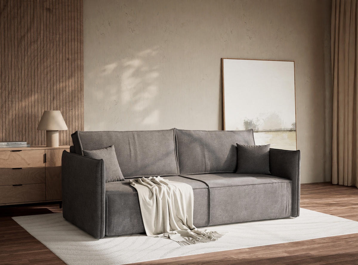 SOFA MIT SCHLAFFUNKTION Obra Grau Chenille-Stoff - Schwarz/Grau, Holz/Holzwerkstoff (220/70/107cm) - Maison de Reve