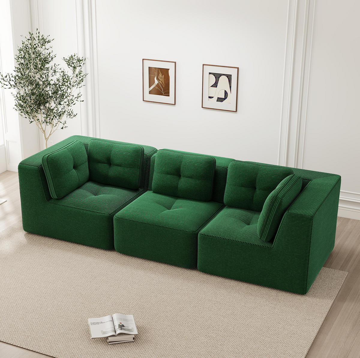 SOFA 297/104/69 cm in Grün aus Cord mit tiefem Sitzkomfort - Grün, Textil (104/69/297cm) - Flora Grace