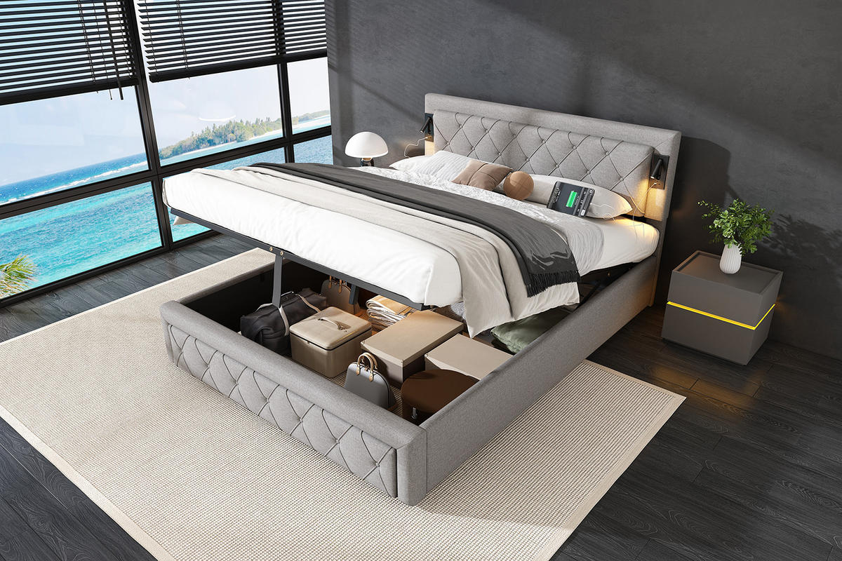 ČALOUNĚNÁ POSTEL v šedé barvě z lnu s úložným prostorem, osvětlením a USB - šedá, kov/kompozitní dřevo (160/200cm) - CHICFURN