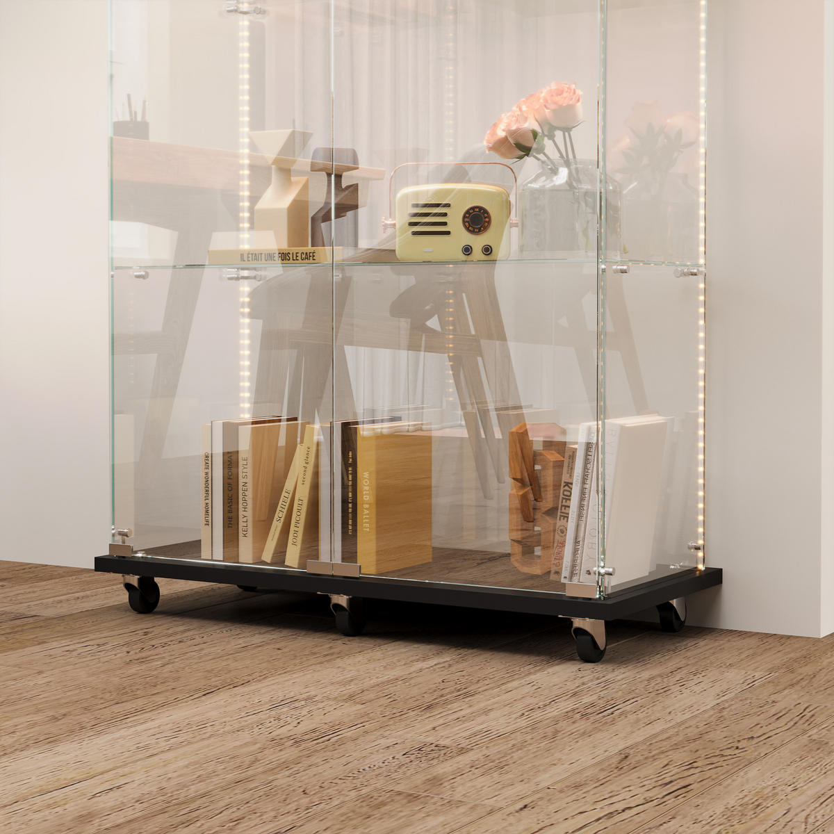LENKROLLEN 6er-Set für Glasvitrine, Möbelrollen mit Bremse, Schwenkbar - Schwarz, Holz (5/5/5cm)