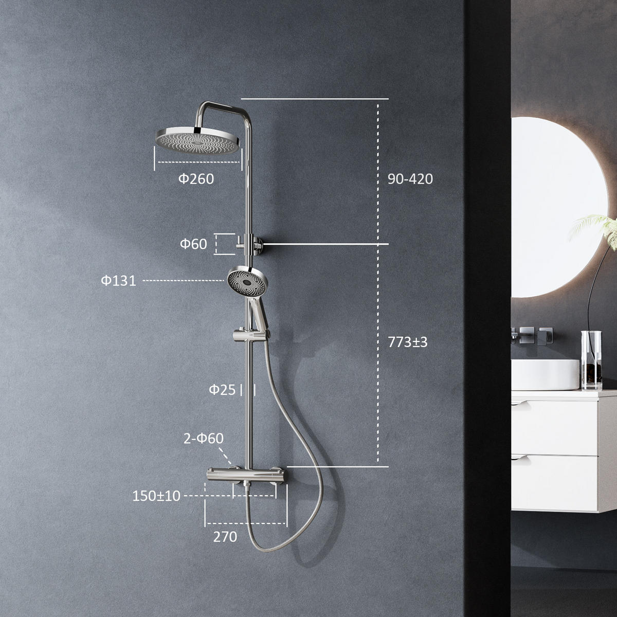 ÜBERKOPFBRAUSESET mit Thermostat Chrom - Chromfarben, Metall (27/124.4/50cm) - EMKE