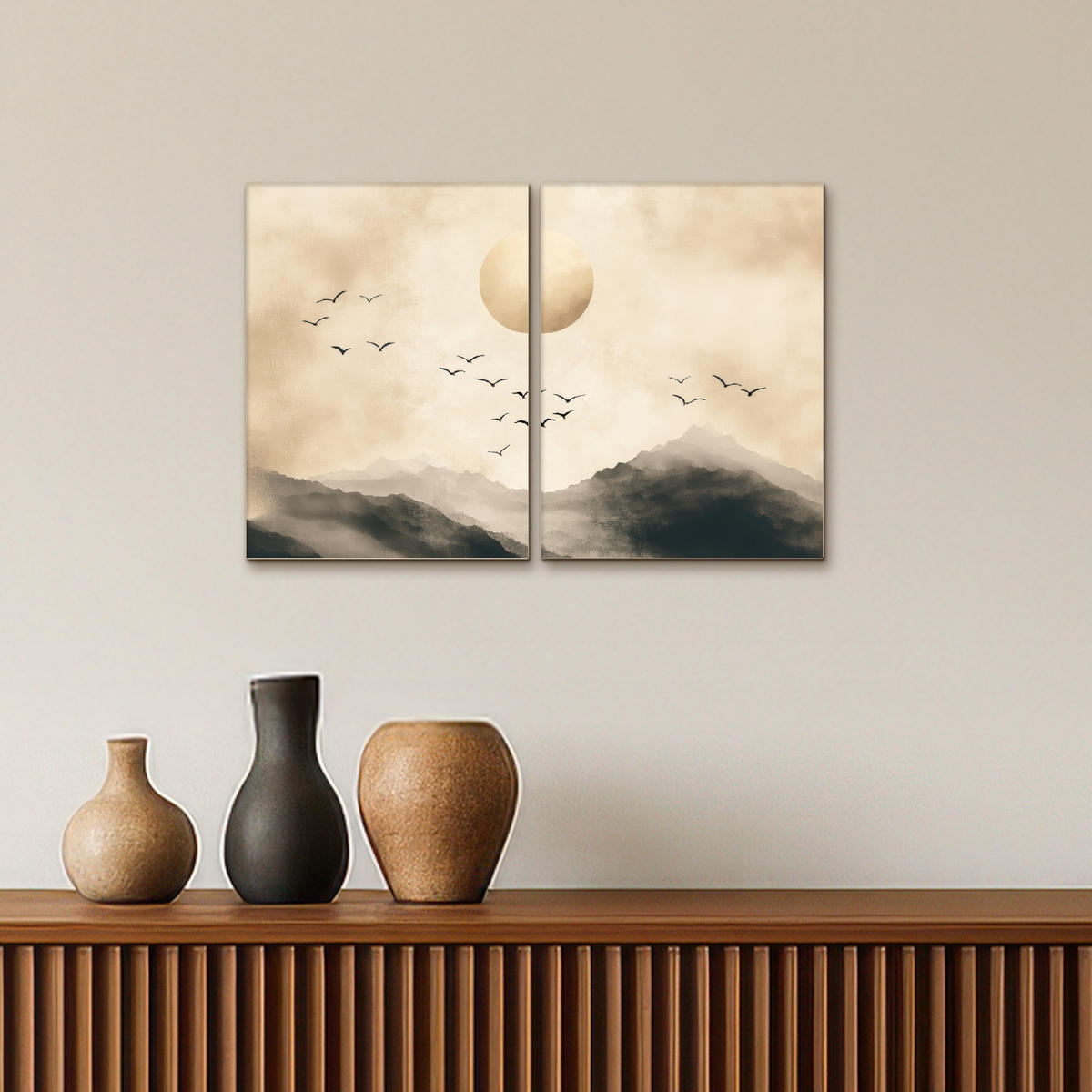 LEINWANDBILD 2er Set Landschaft - Japandi - Beige - Vögel 60x40 cm - Beige, Textil (60/40cm) - MuchoWow