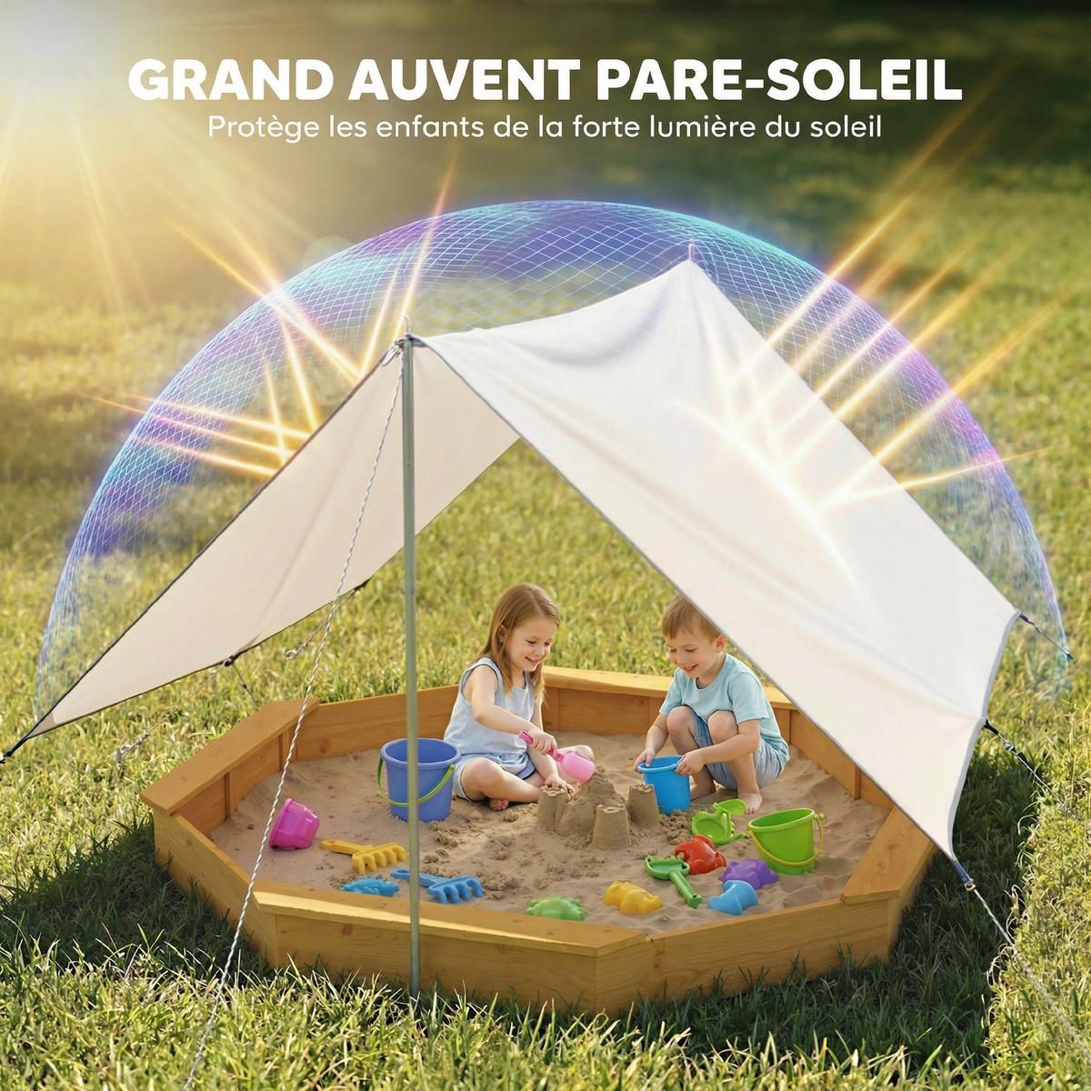 SANDKASTEN DE-18759 achteckig mit Sonnensegel & 4 Bänken Gelb - Gelb, Holzwerkstoff (214.5/214.5/22.5cm) - ComfortXL
