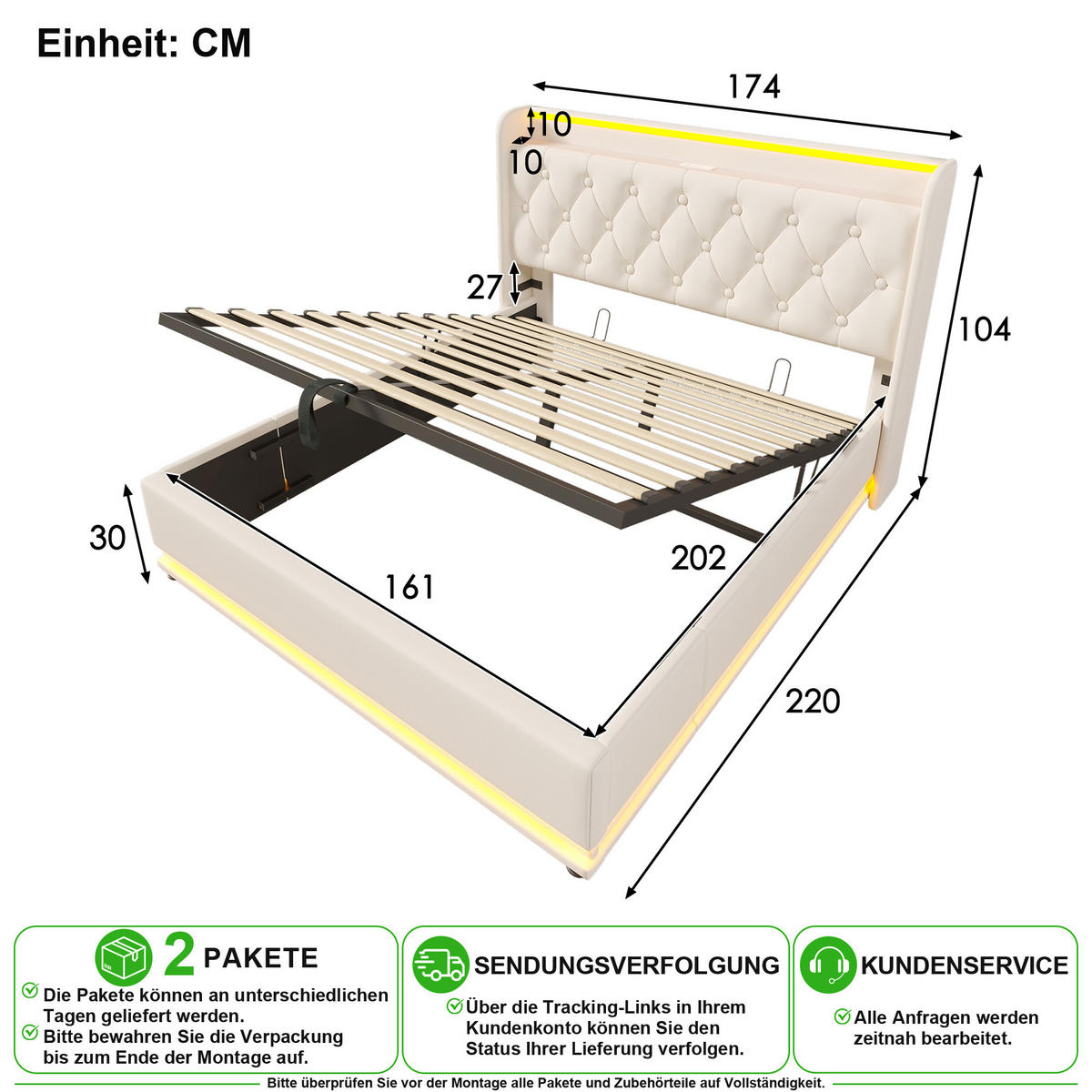 POLSTERBETT 160/200 cm in Weiß mit Bettkasten, LED und USB aus PU - Weiß, Holzwerkstoff/Textil (160/200cm) - CHICFURN