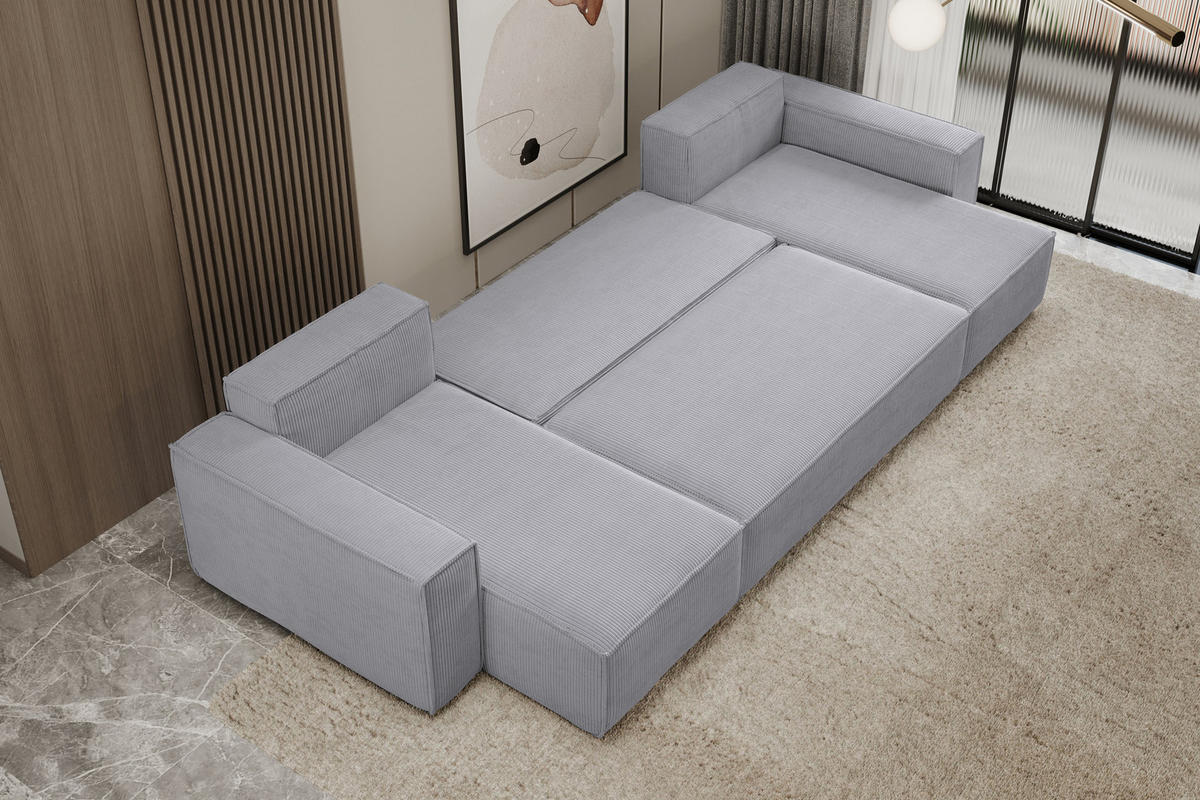 WOHNLANDSCHAFT Hugo U-Form Cordstoff mit Schlaffunktion und Bettkasten - Greige, Textil (312/83/142cm) - VENASI MÖBEL