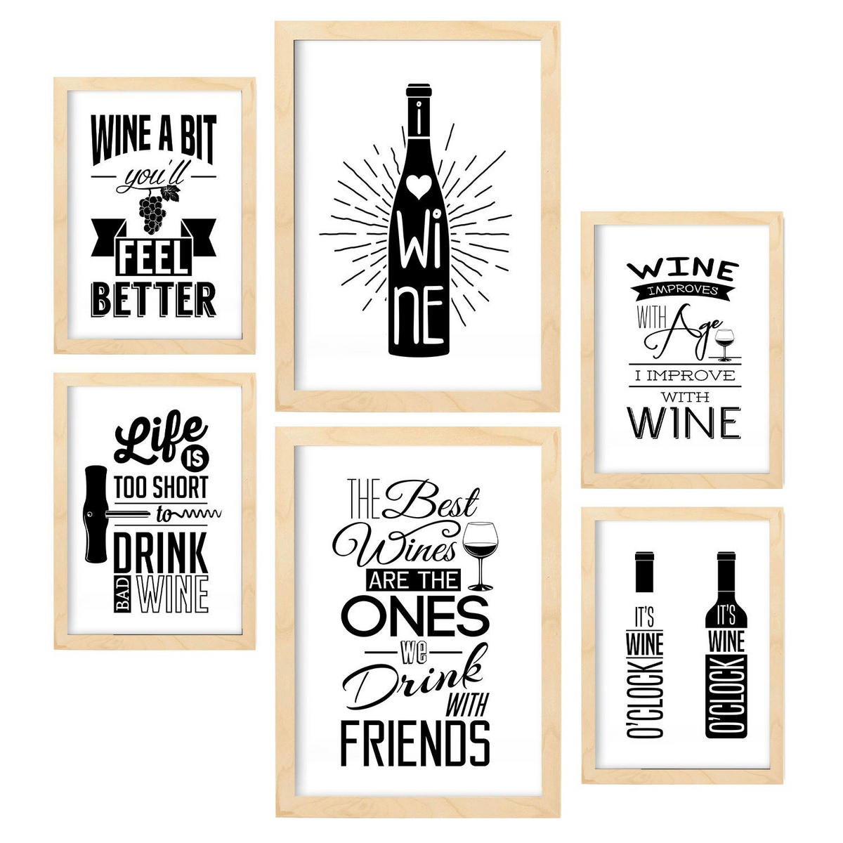 POSTER Set Mit 6 Wein Vollfarbige Illustrationen Von Kaffee & Getränken Im Werbetafel Illustrationen Für & Heim A3 & A4 Rahmen Aus Hellem Holz - Beige, Papier (29/3cm) - Nacnic