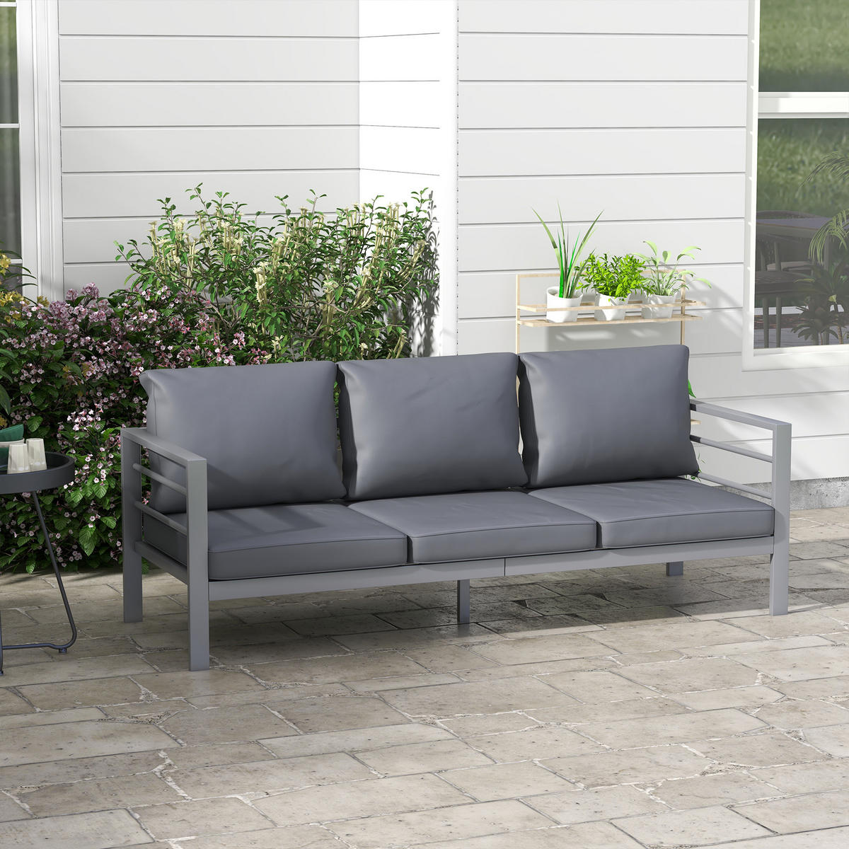 LOUNGESOFA DE-18095 3 Sitzer, abnehmbare Kissen Grau - Grau, Metall (66/64/185cm) - ComfortXL