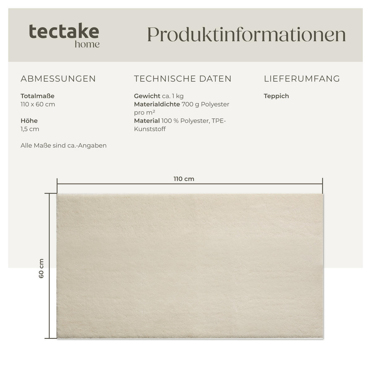 KURZFLORTEPPICH Soft Zone,rutschfeste Unterseite,beige - Beige, Kunststoff (110/60cm) - tectake