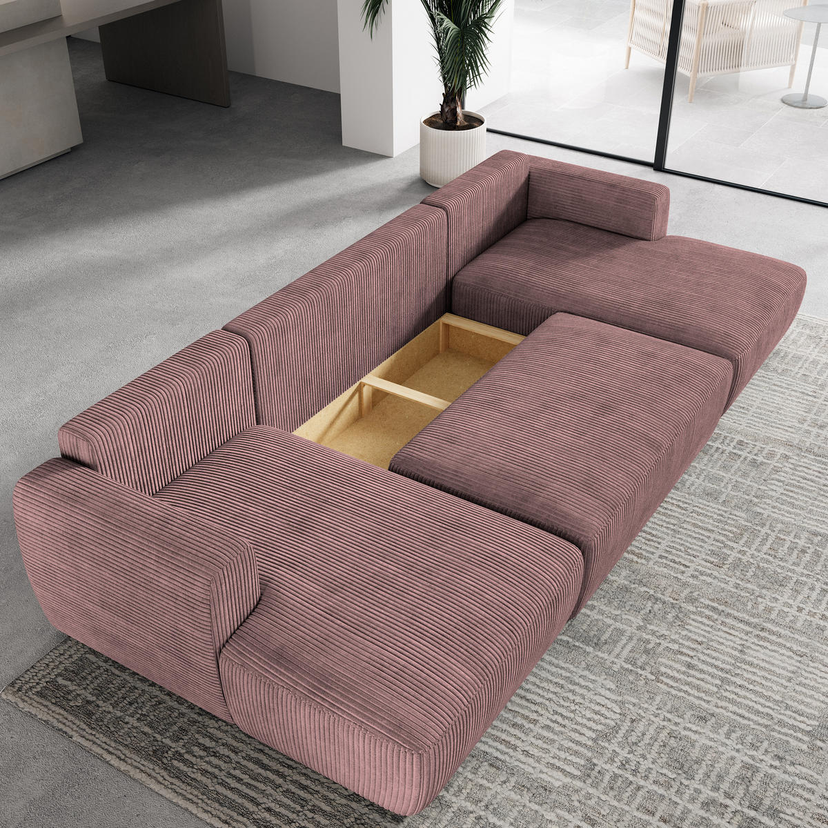 WOHNLANDSCHAFT SENTUM P Lila Kordstoff mit Schlaffunktion - Lila, Holz (330/90/148cm) - MASSENO