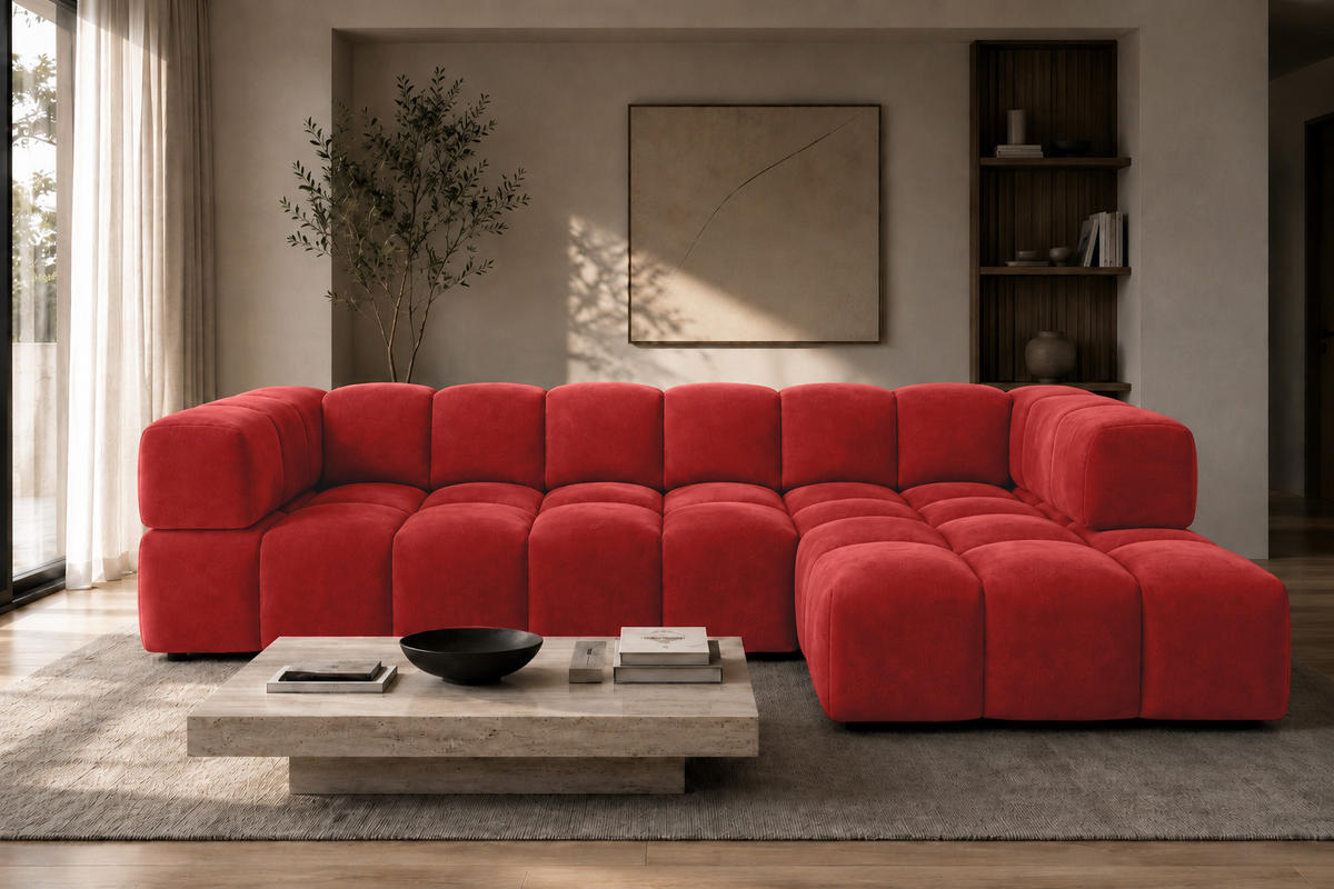 ECKSOFA L-Form, Veloursstoff Bluvel, Rotwein, Rechts, Averro XL - Weinrot, Holz (320/150cm) - Kaiser Möbel
