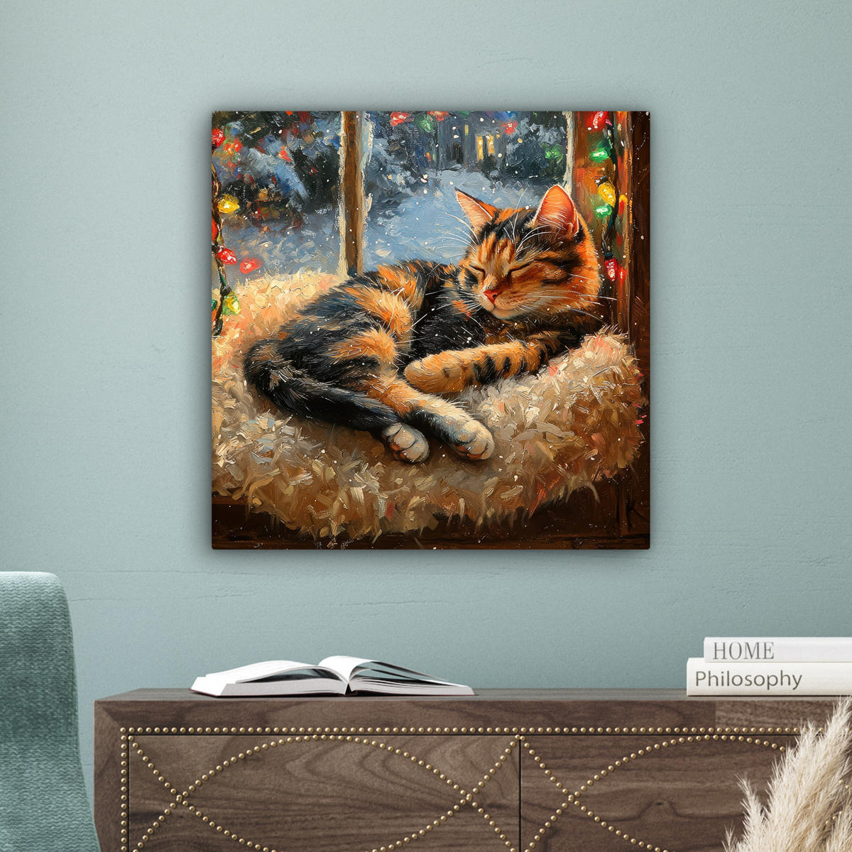 LEINWANDBILD Katze - Weihnachten - Winter - Tier 50x50 cm - Bernsteinfarben, Textil (50/50cm) - MuchoWow