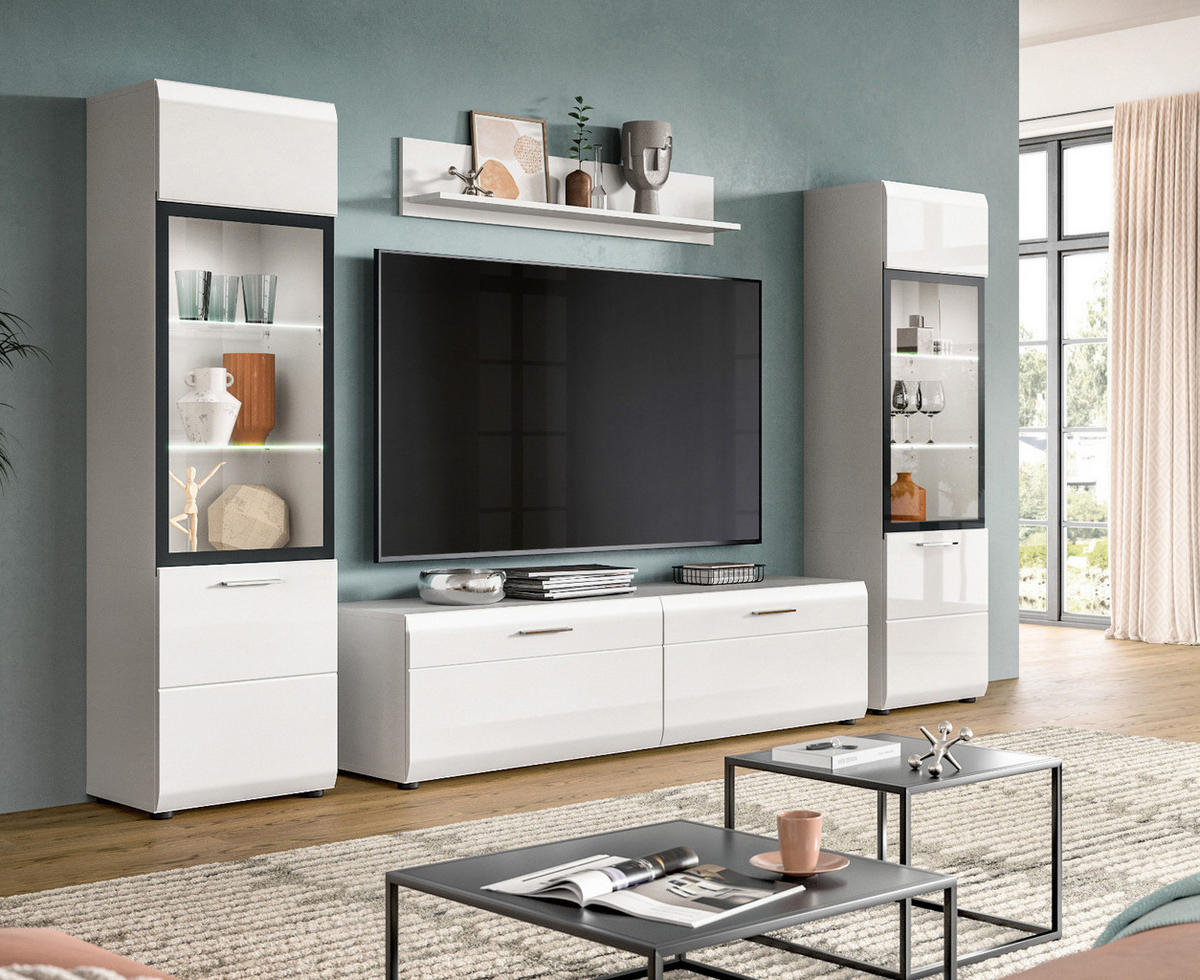 WOHNWAND weiß Hochglanz 4-teilig 280 cm, Schrankwand mit 2 Vitrinen - Weiß Hochglanz/Silberfarben, Glas/Holzwerkstoff (280/160/41cm) - Inn.Furn