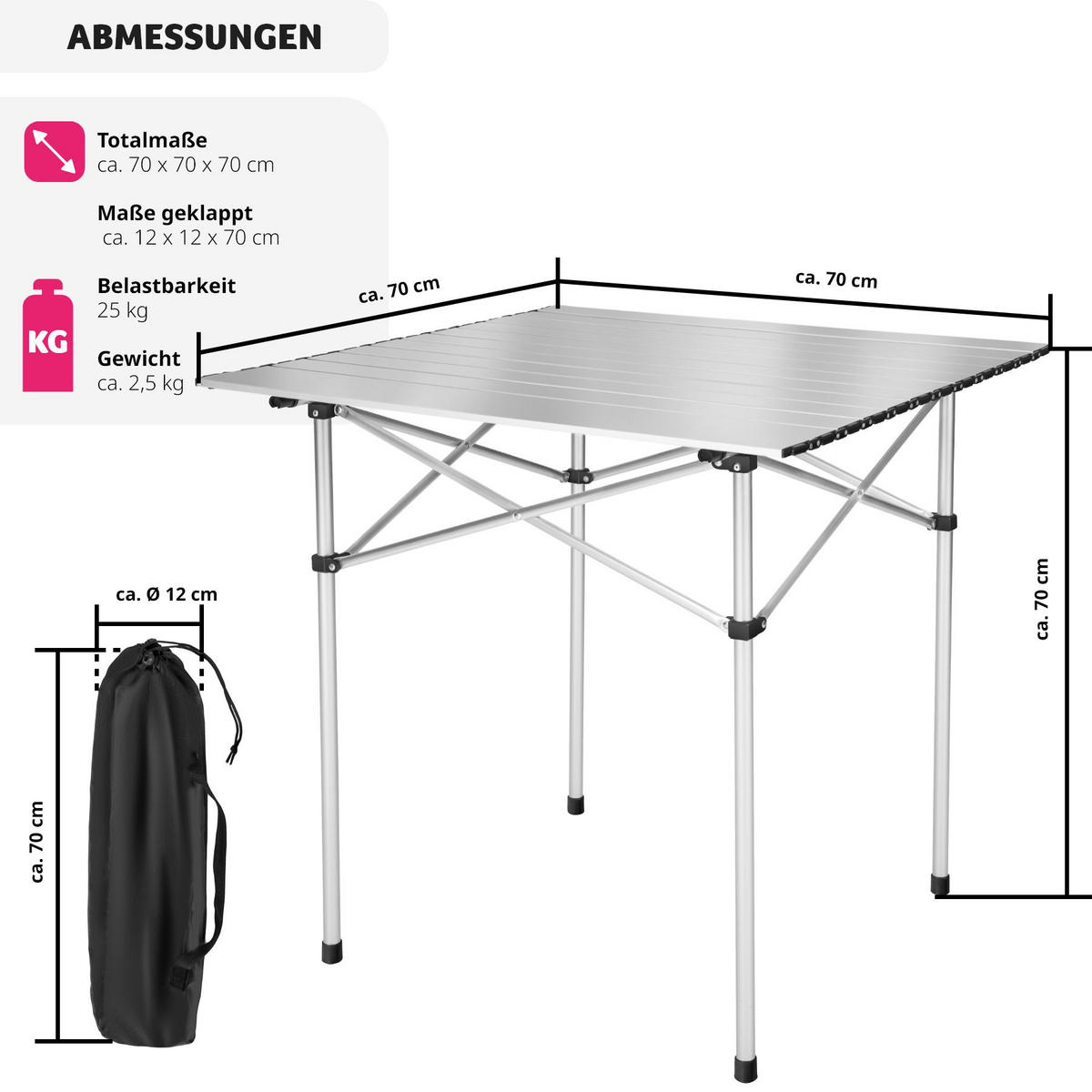 CAMPINGTISCH ,70 x 70 x 70 cm,grau - Grau, Metall (70/70/70cm) - tectake