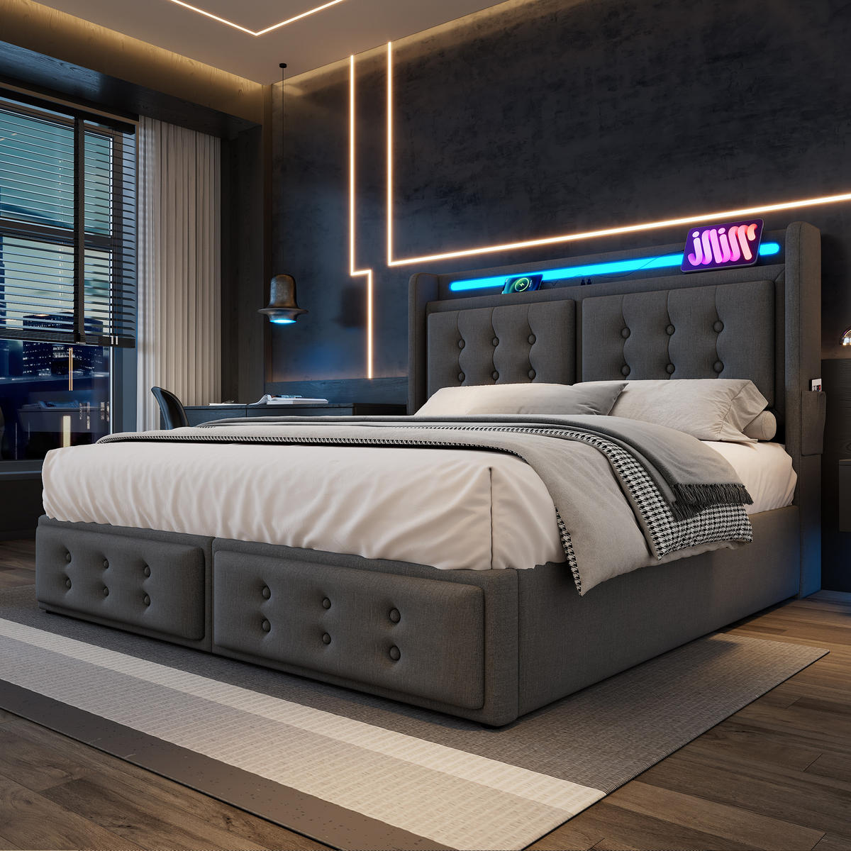 POLSTERBETT 140/200 cm Grau mit LED-Beleuchtung und USB-Anschlüssen aus Baumwolle - Grau, Textil (140/200cm) - OKWISH