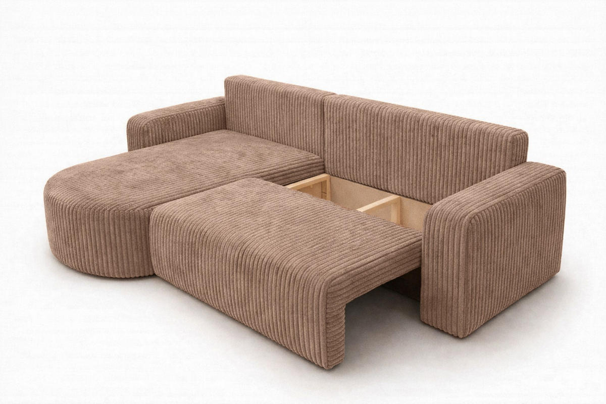 ECKSOFA Mit Schlaffunktion, Cordstoff Tilia, Braun, Links, ROUND ONE XL - Braun, Holz (271/175cm) - Kaiser Möbel