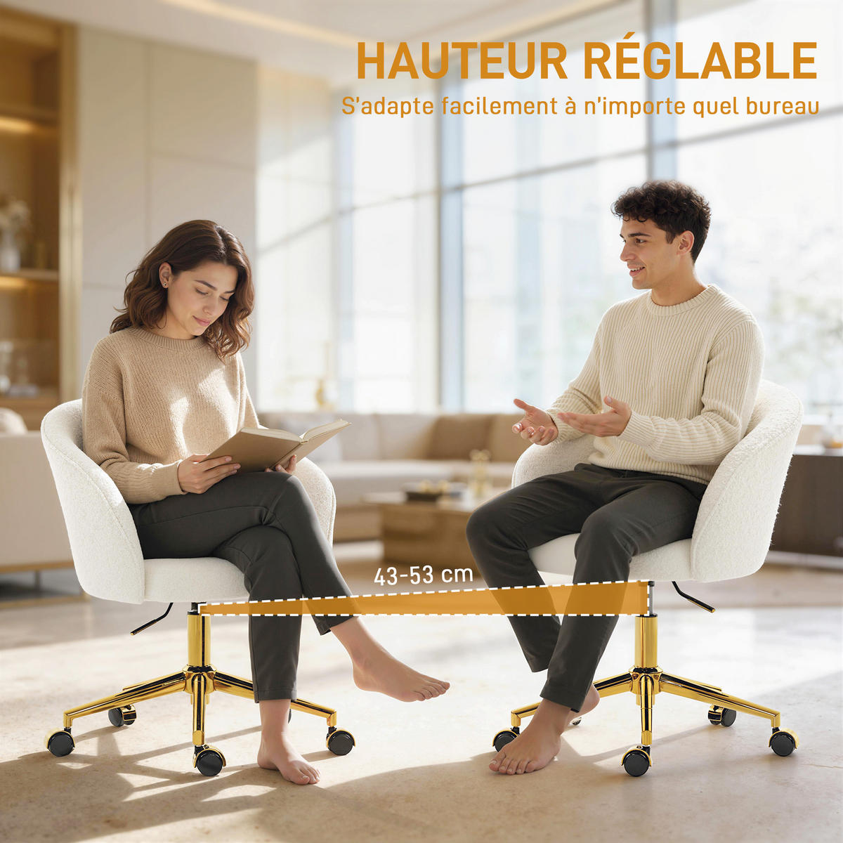 DREHSTUHL DE-11836 mit Teddy-Stoff & höhenverstellbar Creme - Creme, Metall (58.5/86/60cm) - ComfortXL