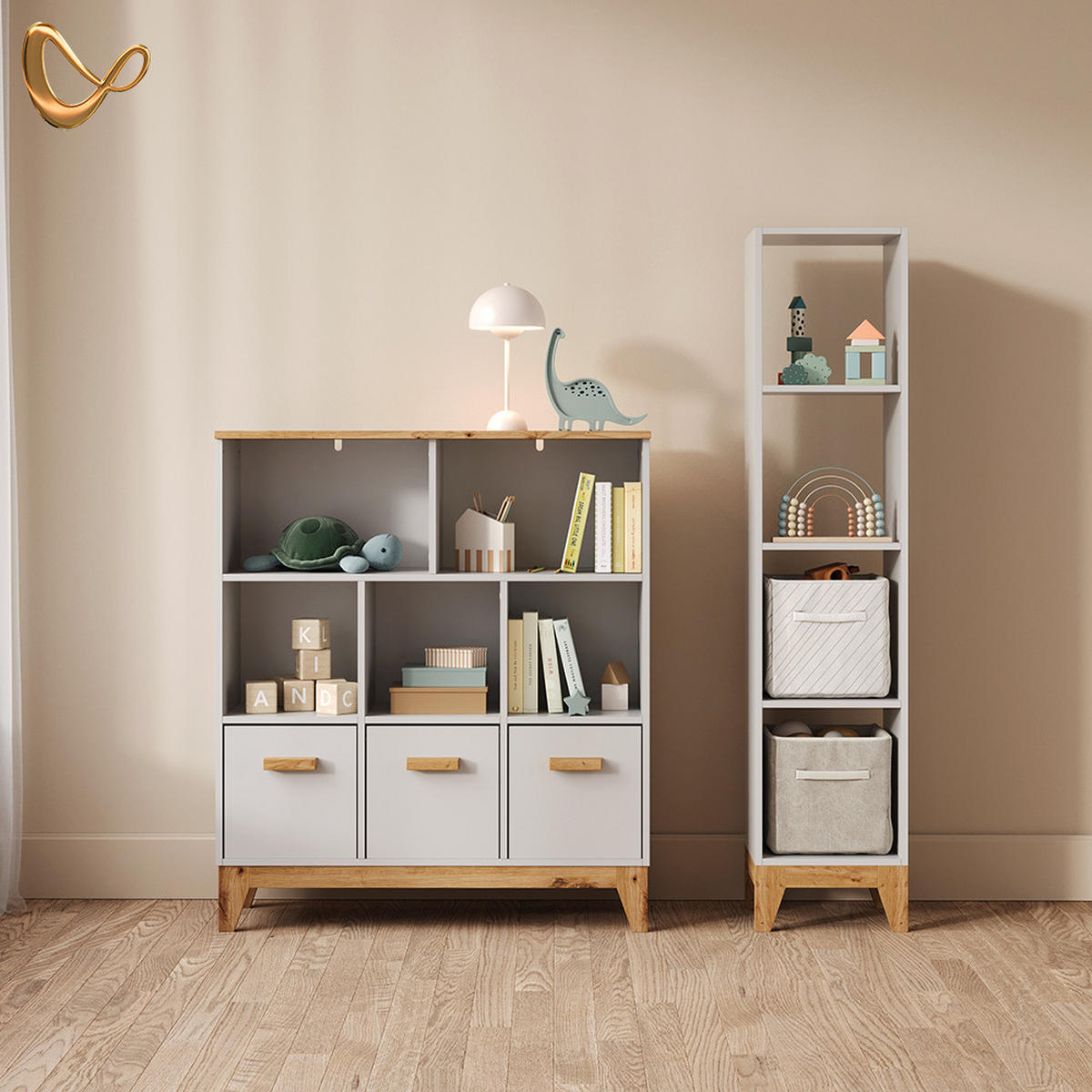 KINDERREGAL Mailo Weiß/Artisan 98.4 x 113.4 cm XL mit 3 Schubladen - Weiß/Eiche Artisan, Holzwerkstoff (98.4/113.4/32.6cm) - Livinity®