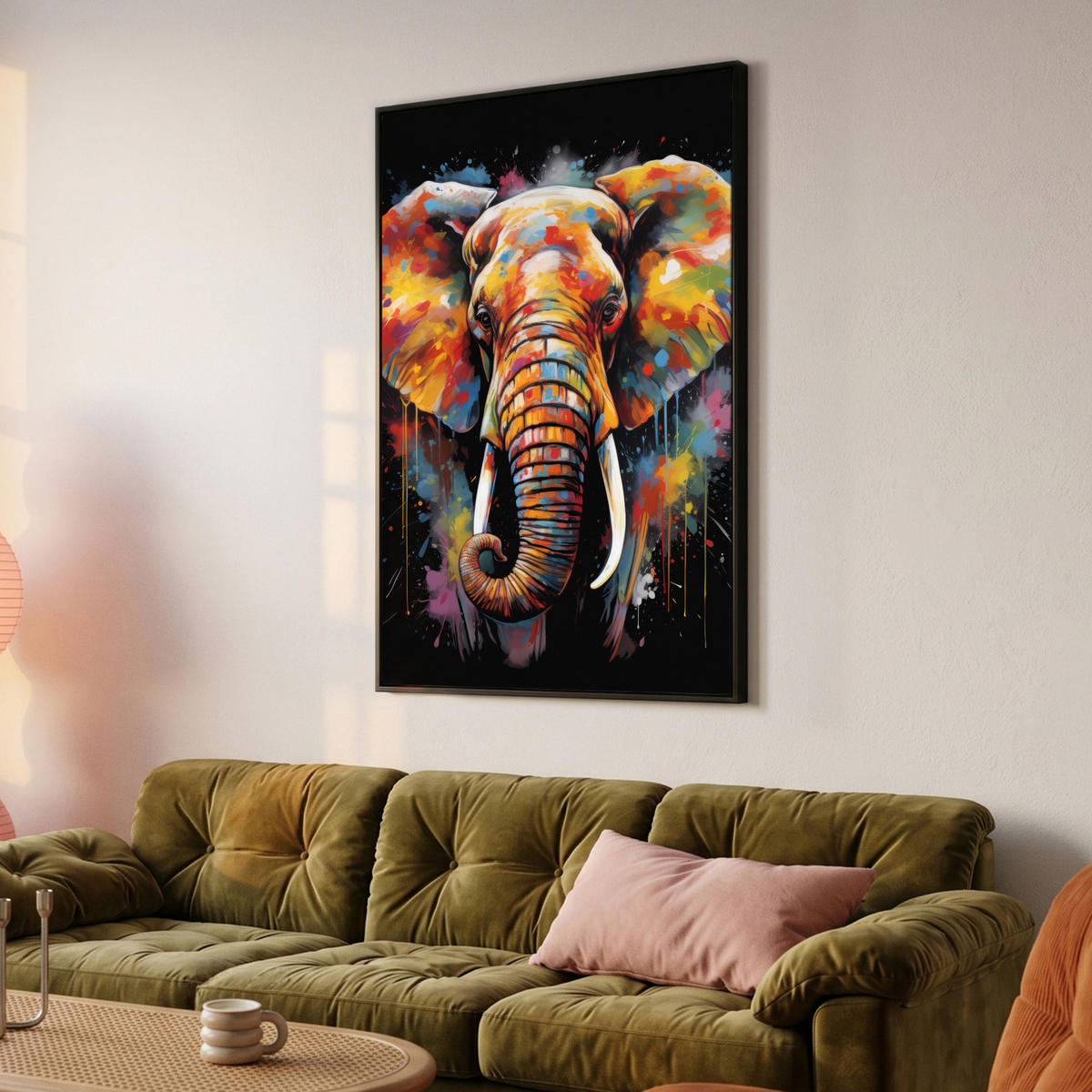 LEINWAND Bilder mit Rahmen - Elefant - Graffiti - Schwarz - Tiere - Farben - 100x150 - Schwarz, Textil (100/150cm) - MuchoWow