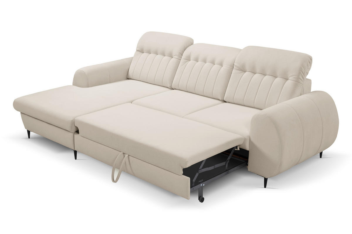 ECKSOFA PURO L-S Beige Plüsch-Stoff mit Schlaffunktion - Beige, Holz (275/166cm) - MASSENO