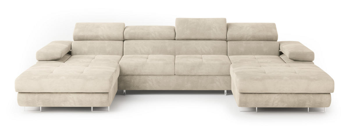 WOHNLANDSCHAFT LYKKE Creme Velours-Stoff mit Schlaffunktion - Creme, Holz (353/90/202cm) - MASSENO