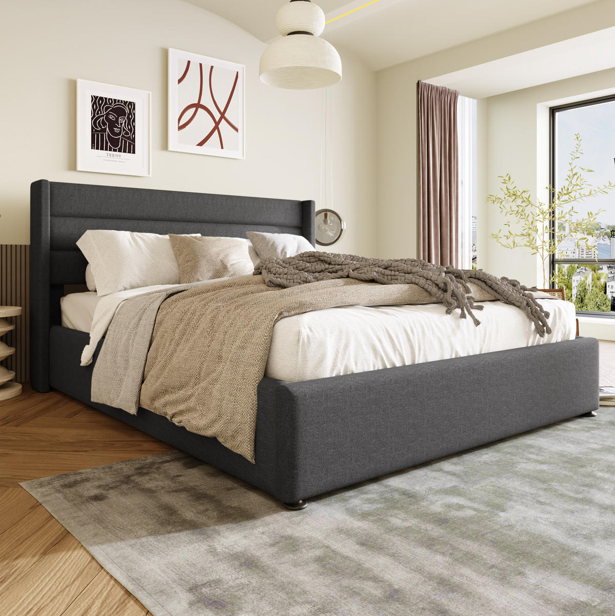 POLSTERBETT aus Leinen 140x200 cm in Grau mit hydraulischem Stauraum - Grau, Textil (140/200cm) - Modfu