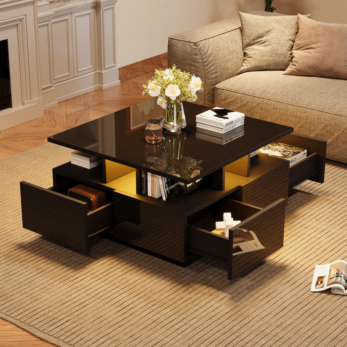 COUCHTISCH mit 4 Schubladen 70 x 70 cm Hochglanz Schwarz - Schwarz, Holzwerkstoff (70/70/40cm) - Meubliv