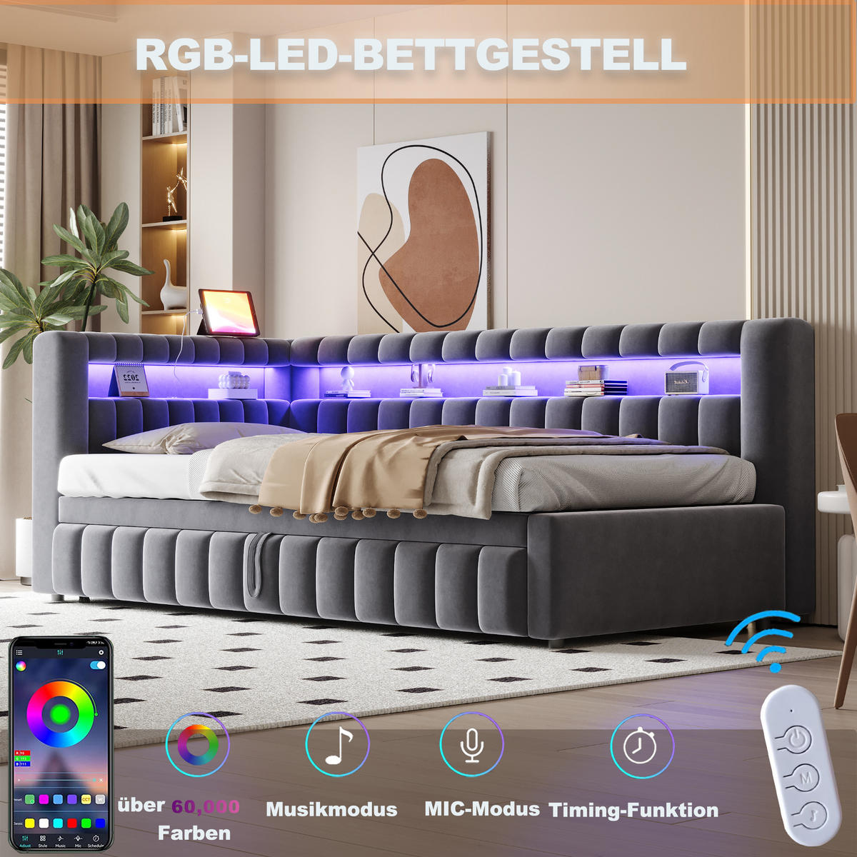 SCHLAFSOFA 90/200 cm & 90/190 cm in Dunkelgrau Samt mit Ausziehbett, LED und USB - Grau, Holzwerkstoff/Textil (90/200cm) - WISHDOR