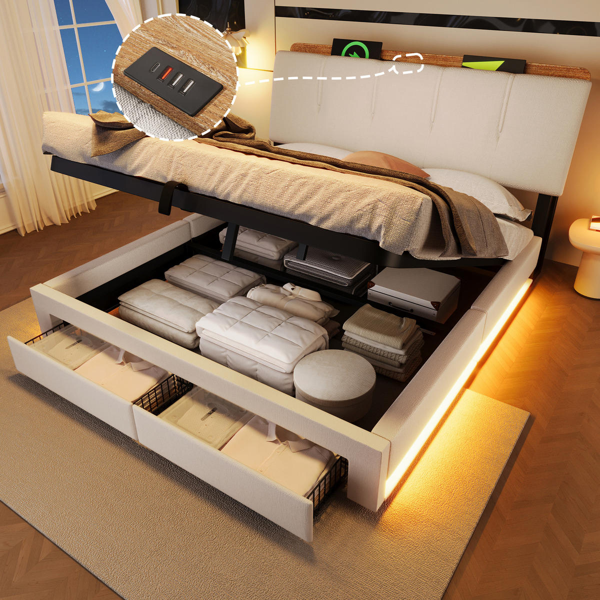 POLSTERBETT mit Stauraum & USB 140x200 cm Leinen Beige - Beige, Metall (140/200cm) - Meubliv