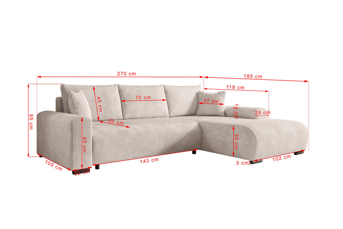 ECKSOFA Nelly mit Bettkasten und Schlaffunktion, Cordstoff in L-Form - Creme, Textil (270/185cm)