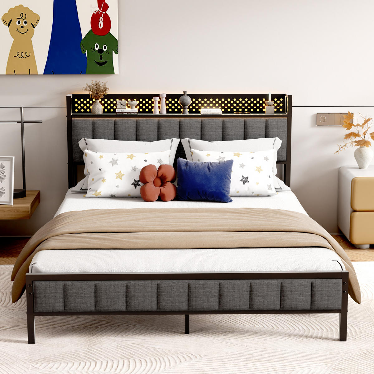 METALLBETT 140/200 cm Schwarz mit Stauraum-Kopfteil mit USB-Anschlüssen - Schwarz, Metall (140/200cm) - OKWISH