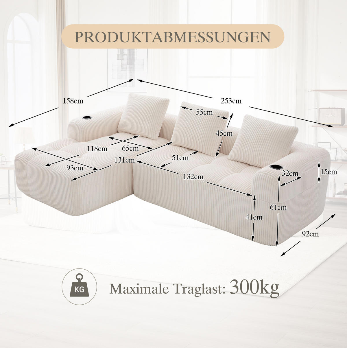 KOMPAKTSOFA Cord mit modularen Elementen und Becherhalter 253/158/61 cm Beige - Beige, Textil (158/253cm) - Redom