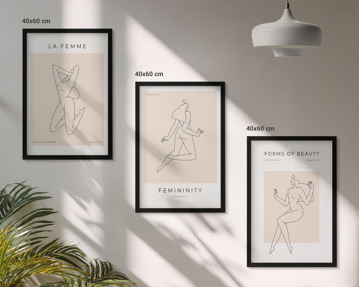 WANDBILDER 3er-Set - 40x60 cm Schwarzer Rahmen - Poster mit minimalistischen Frauensilhouetten - Schwarz, Kunststoff (40/60cm) - ArtPrintCave