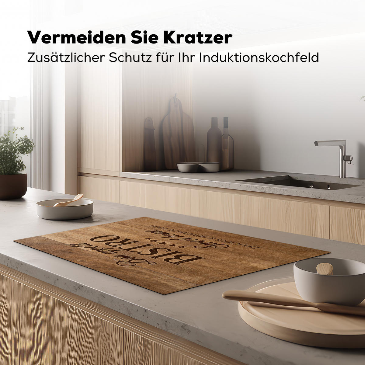 HERDABDECKPLATTE Zitat - Bistro - Guten Appetit - Süßes Zuhause - Holzmaserung Abdeckung Ceranfeld 81.2x52 cm - Braun, Kunststoff (81.2/52/0.2cm) - MuchoWow