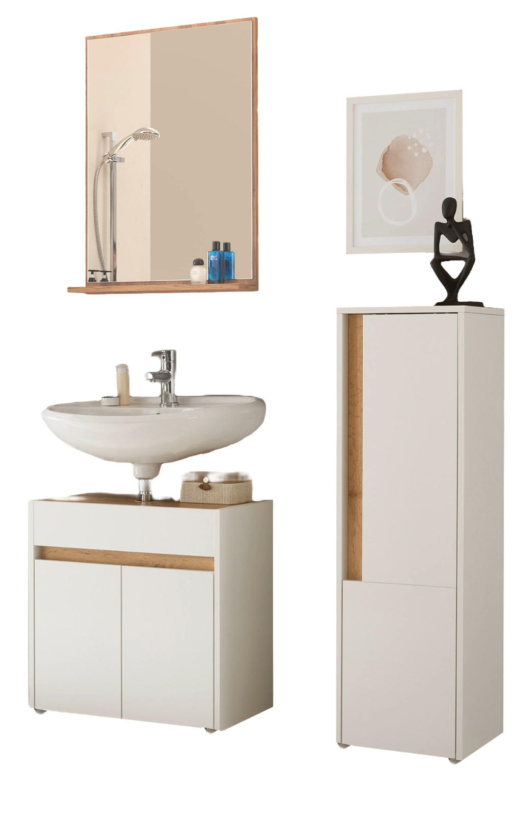 BADMÖBEL-SET 3-teilig weiß, Wotan Eiche, Badkombination 114 cm - Silberfarben/Eiche Wotan, Glas/Holz (116/200/34cm) - Furn.Design