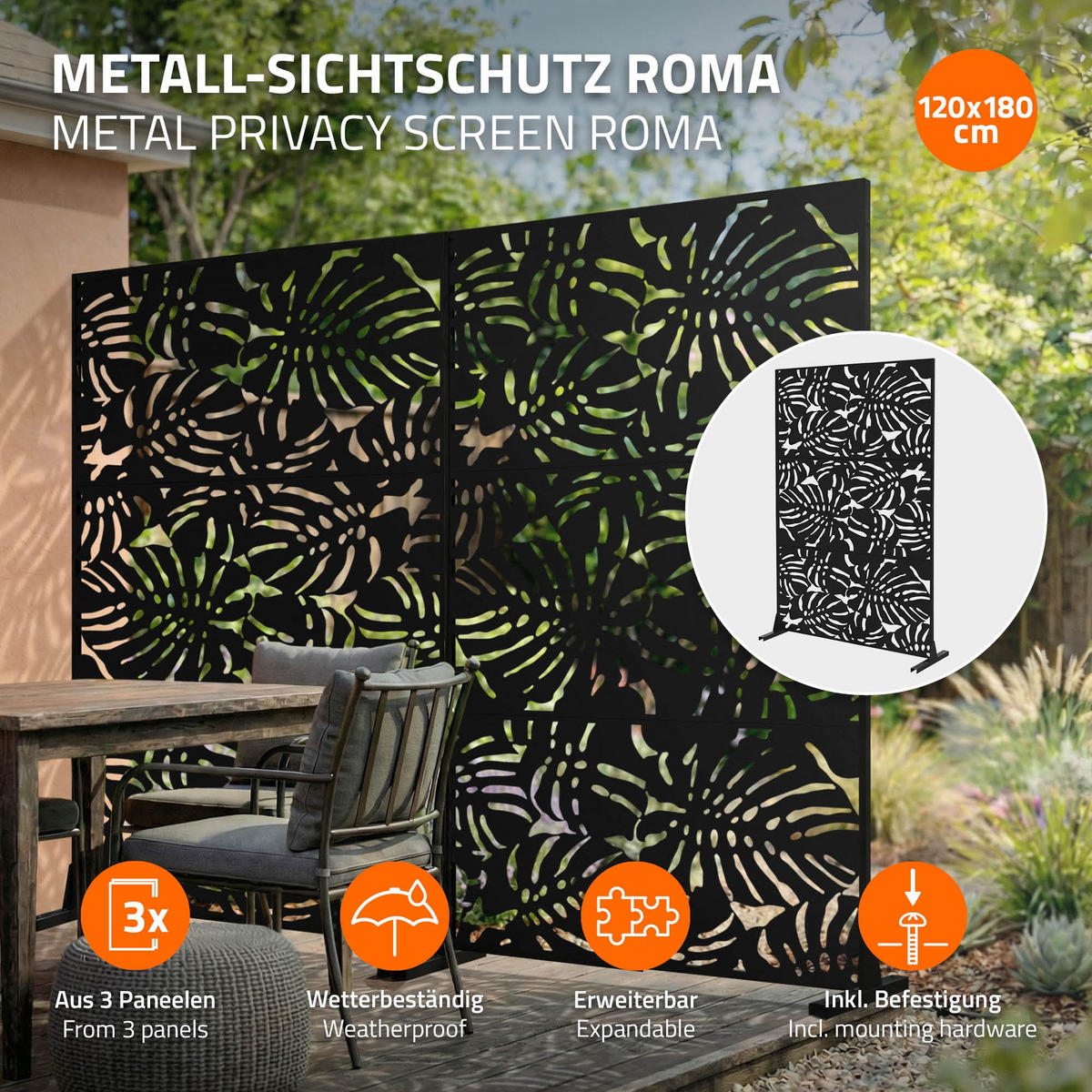 METALL-SICHTSCHUTZ Roma 120x180 cm Schwarz aus Stahl - Schwarz, Metall (120/183cm) - ML-DESIGN