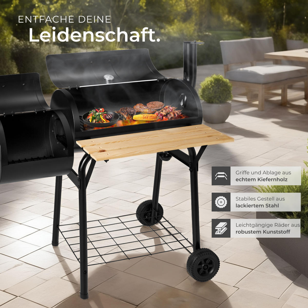 HOLZKOHLEGRILL ,115 x 67 x 115 cm,schwarz - Schwarz, Metall (67/117/115cm) - tectake
