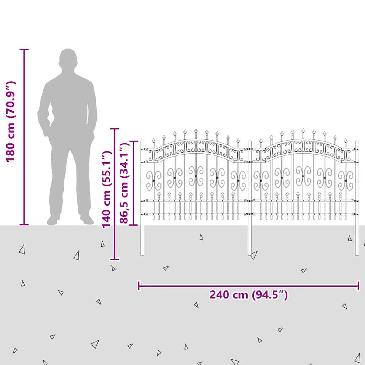 GARTENZAUN mit Speerspitze, 240/131 cm, aus Pulverbeschichteter Stahl, Schwarz - Schwarz, Metall (240/140cm) - vidaXL