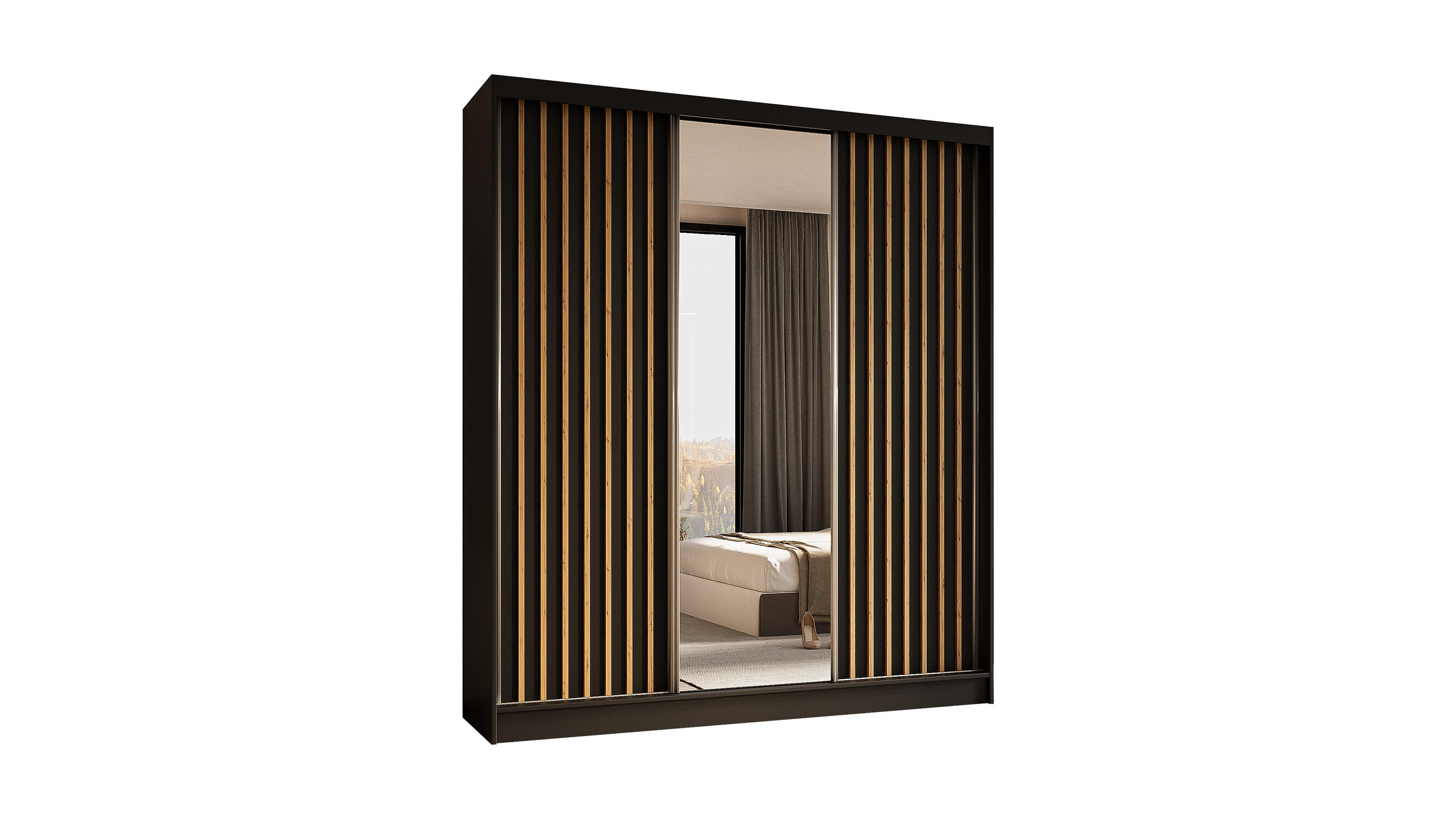 KLEIDERSCHRANK mit Spiegel-Schiebetüren und Aluminium-Leisten - LAMELO - 180 cm Schwarz+Schwarz+ Artisan - Schwarz/Eiche Artisan, Holzwerkstoff (180/216/61cm) - ALTDECOR