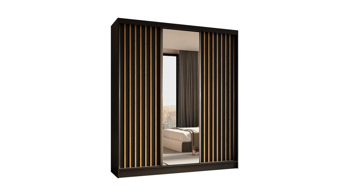 KLEIDERSCHRANK mit Spiegel-Schiebetüren und Aluminium-Leisten - LAMELO - 180 cm Schwarz+Schwarz+ Artisan - Schwarz/Eiche Artisan, Holzwerkstoff (180/216/61cm) - ALTDECOR