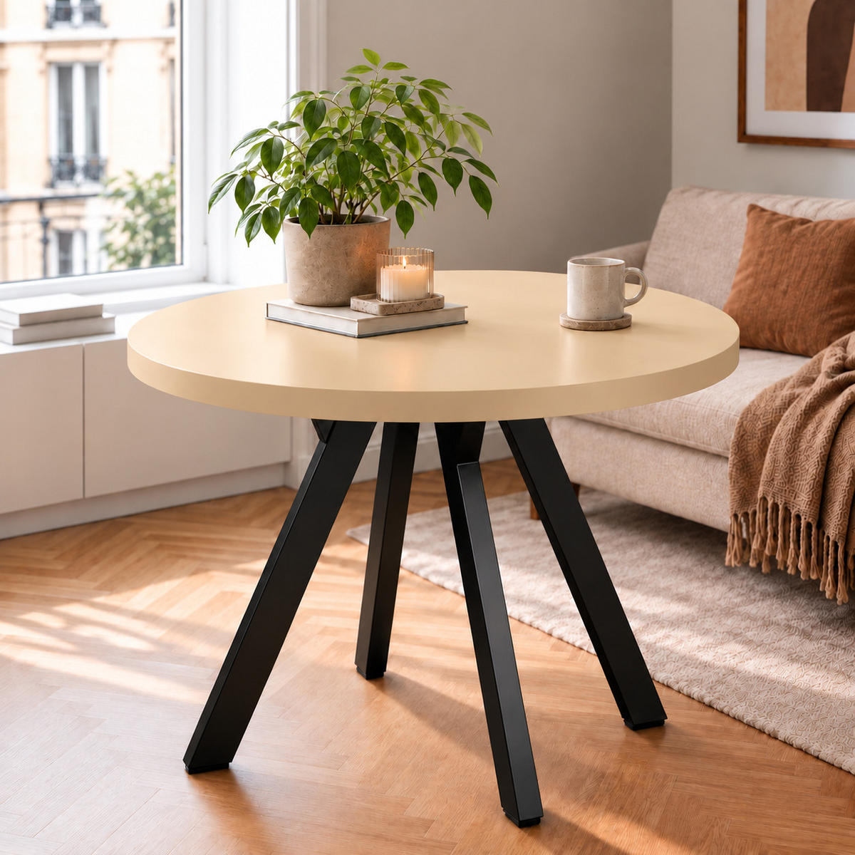 ESSTISCH rund ausziehbar 90/190/76 cm, Kaschmir, 54 cm Tischplatte + Y Metallgestell Schwarz - Kaschmir/Schwarz, Holzwerkstoff/Metall (90/190/76cm) - Damale Möbel