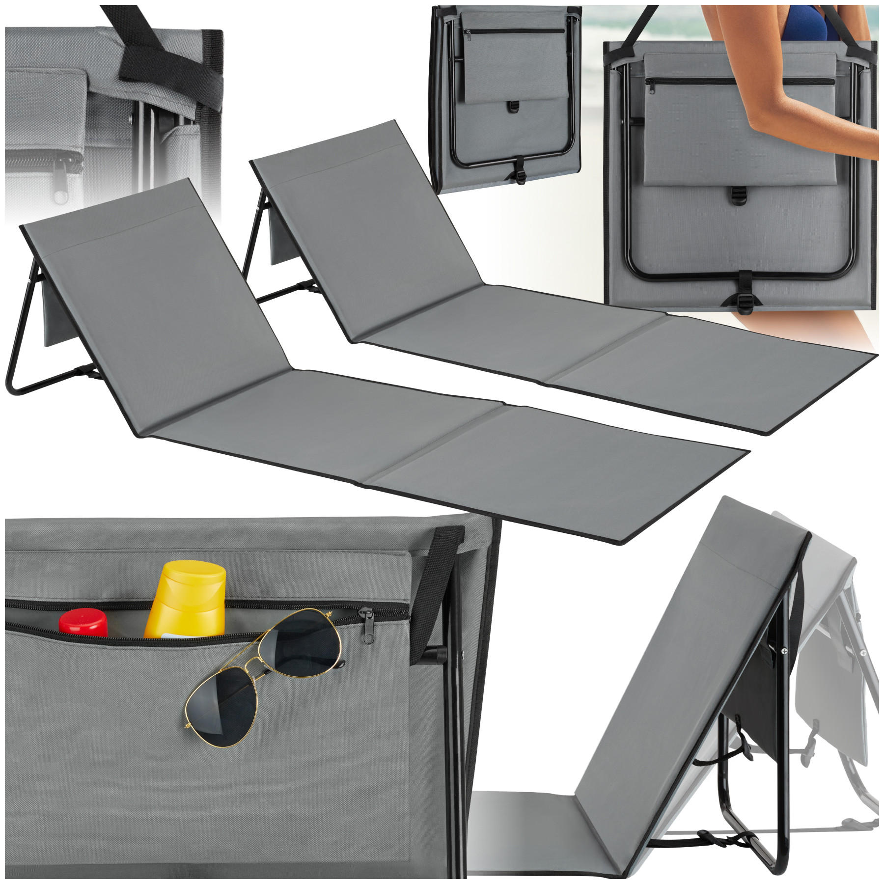 STRANDMATTE 2er Set Mina,inkl. Aufbewahrungstasche,grau/blau - Blau/Grau, Kunststoff (52.5/1.7/157cm) - tectake