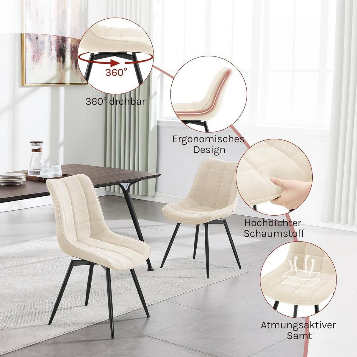 ESSZIMMERSTUHL 2er Set, aus Samt, Beige - Beige/Schwarz, Textil/Metall (46/83.5/60.5cm) - Woltu