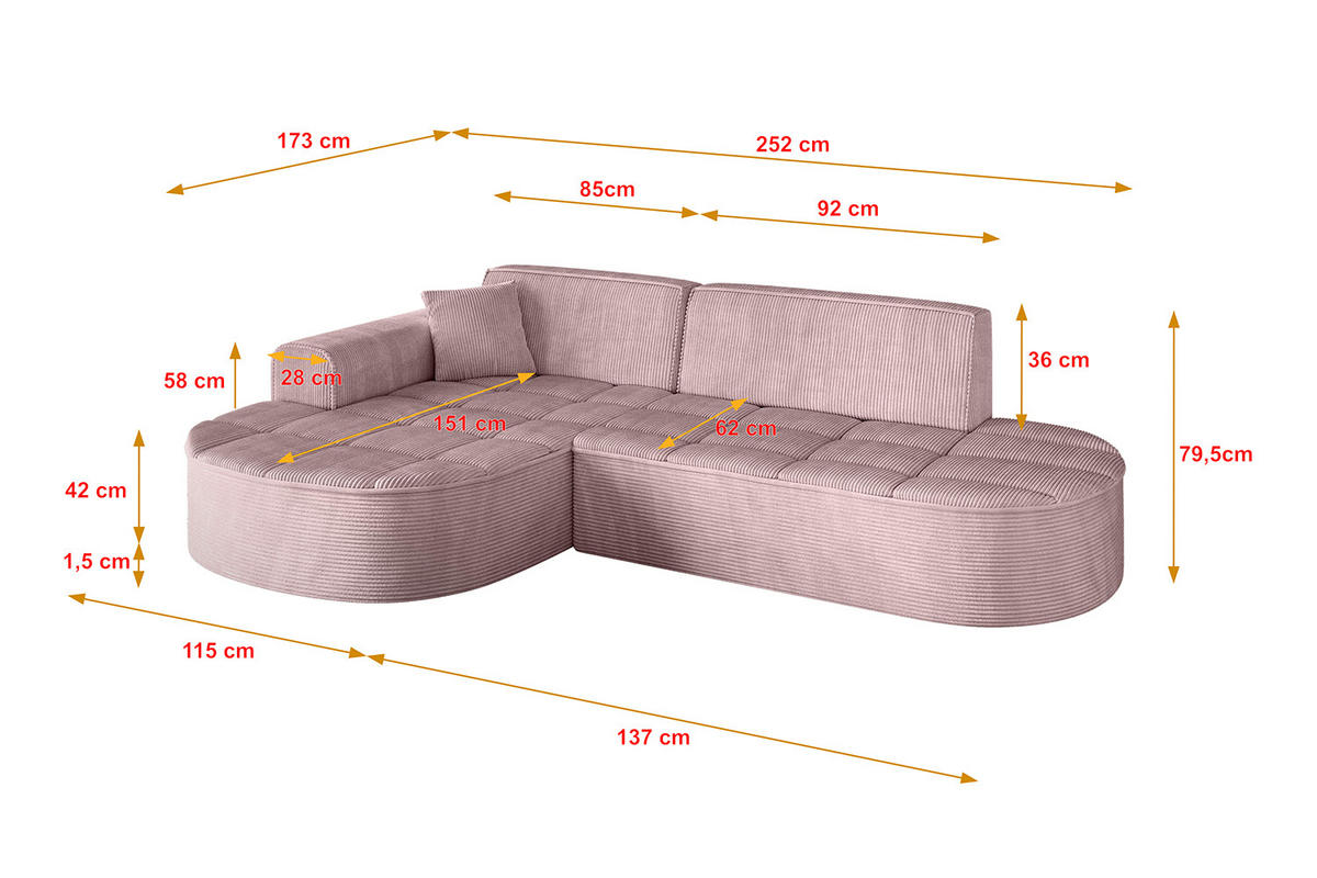 ECKSOFA Ottomane Links LIVO-L1 - 252x173x79,5 cm Rosa - Rosa, Holzwerkstoff/Textil (252/173cm) - ALTDECOR