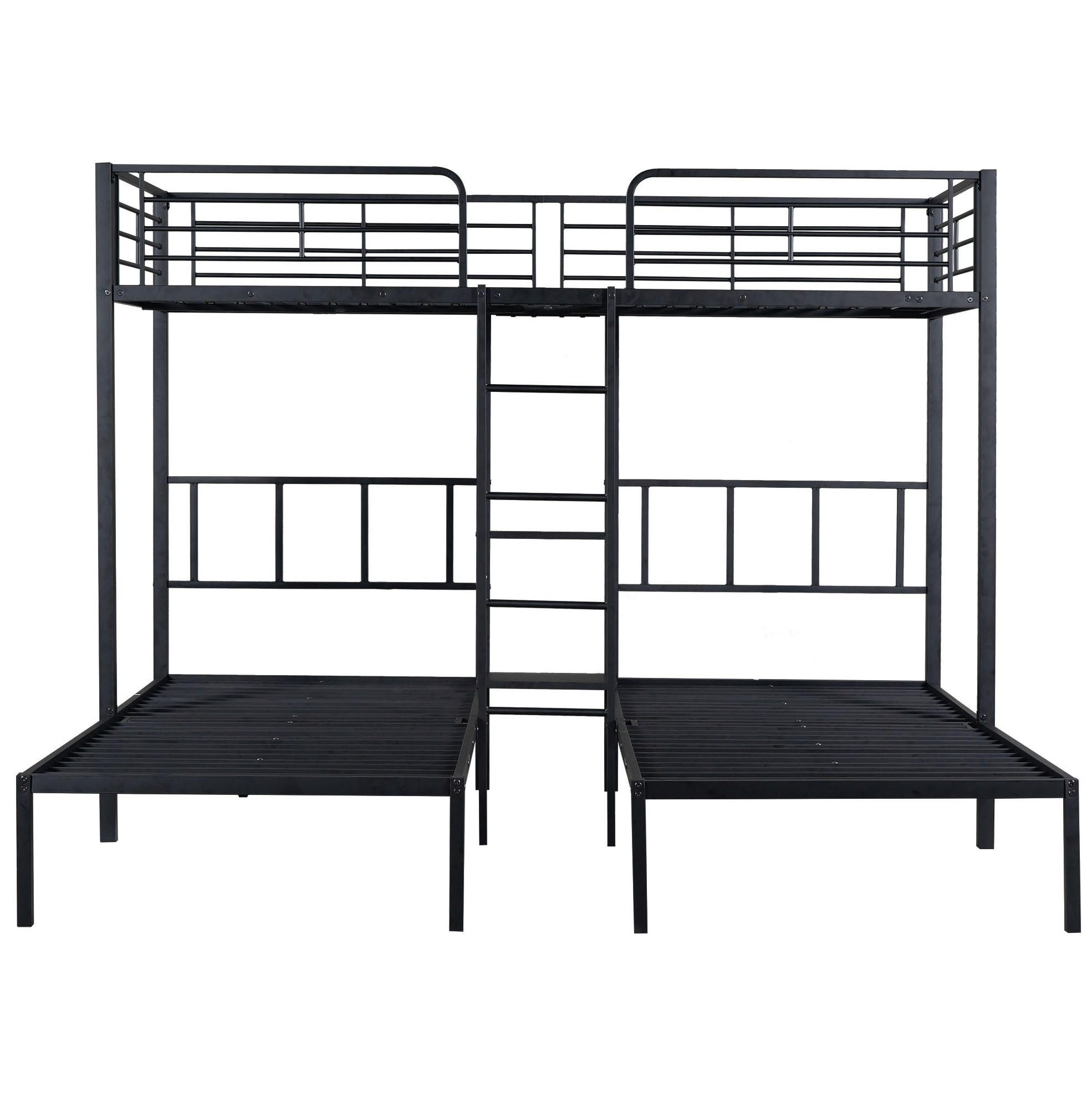 DREIFACH-ETAGENBETT aus Metall 90x200 cm Schwarz mit Leiter, Fallschutz und Tischplatte - Schwarz, Metall (90/200cm) - Modfu