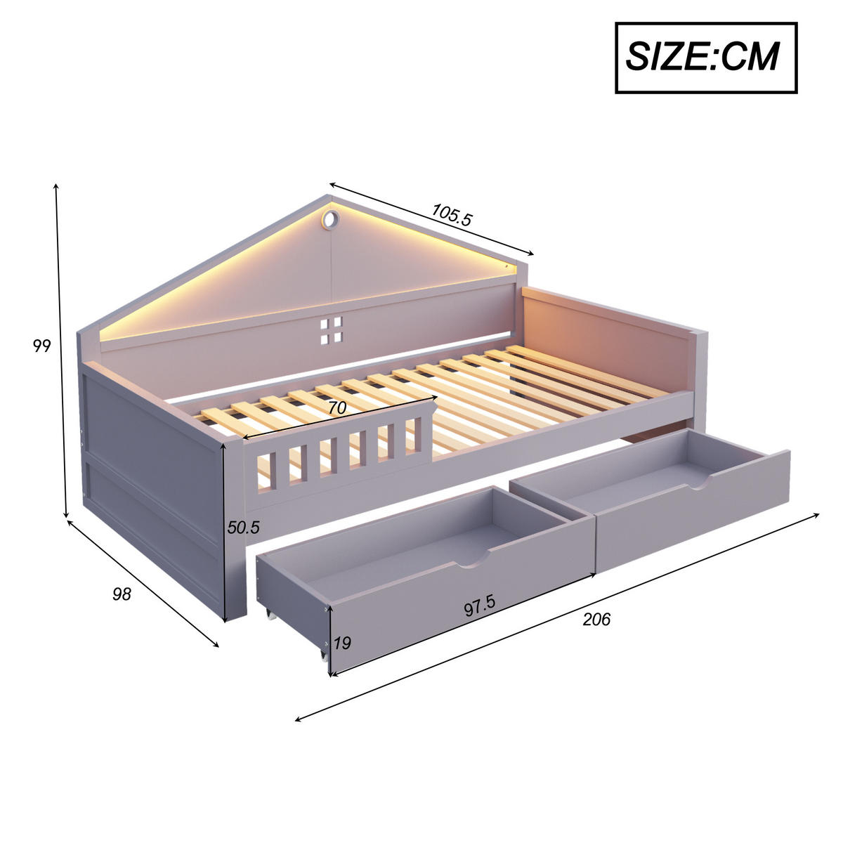 KINDEREINZELBETTEN aus Holz und MDF 90x200 cm in Grau mit LED & 2 Schubladen - Grau, Holz (90/200cm) - Modfu